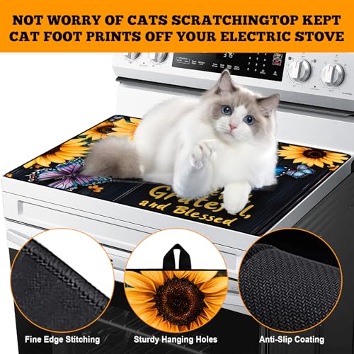 Image of Multi-Design Stove Top Cover for Glass /Electric Stoves - 3-in-1 Heat-Resistant Protector Mat, Non-Slip Drying Rack 28 inchx20 inch (Sunflower-Butterfly, 28 inch L x 20 inch W)