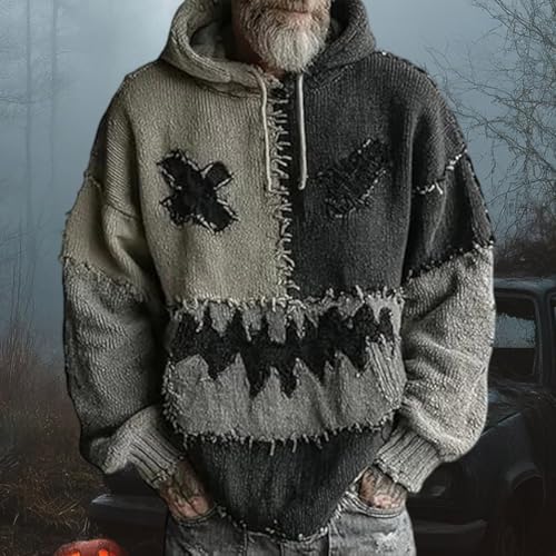Halloween Patchwork Sweatshirts for Men Funny Pumpkin Face Graphic Hoodies Cozy Knit Hooded Pullover Fall Winter Tops3