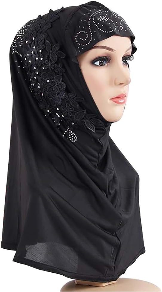 SuilltyWomen One Piece Muslim Hijab Lace Applique Long Turban Islamic Full Head Scarf Shawls with Rhinestone