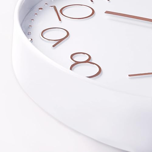 Miniatura 7 de Lafocuse Reloj de pared de 12 pulgadas con números 3D de oro rosa y blanco para decoración de sala de estar, moderno reloj de pared de cocina,