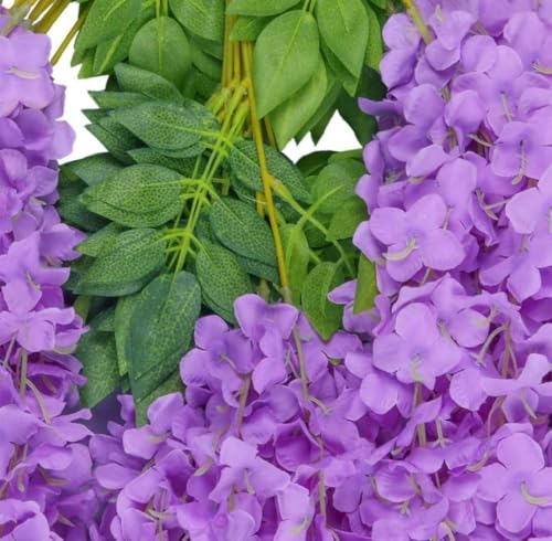 Image of 6 Pcs Artificial Polyester Hanging Flower Wisteria Vines Fake Flowers Vines for Home Party Wedding Garden Outdoor Greenery Decoration (6, Purple)