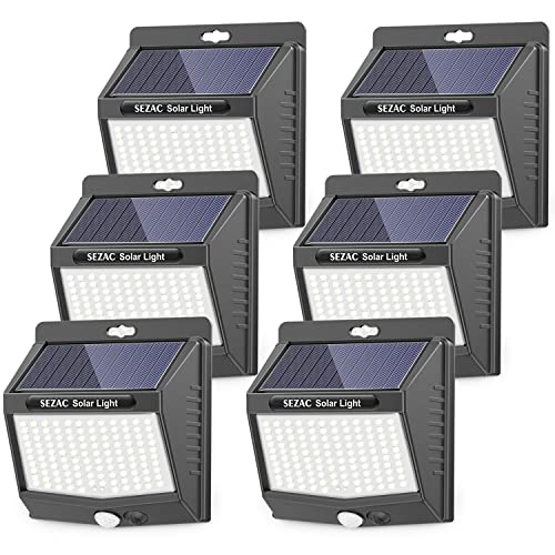 SEZAC Solar Outdoor Lights [6 Pack/3 Lighting Modes] Solar Motion Sensor Security Lights Ultra-Bright, Wireless Wall Lights Solar Powered for Outside Patio Garden Backyard Fence Stairway (118LED)