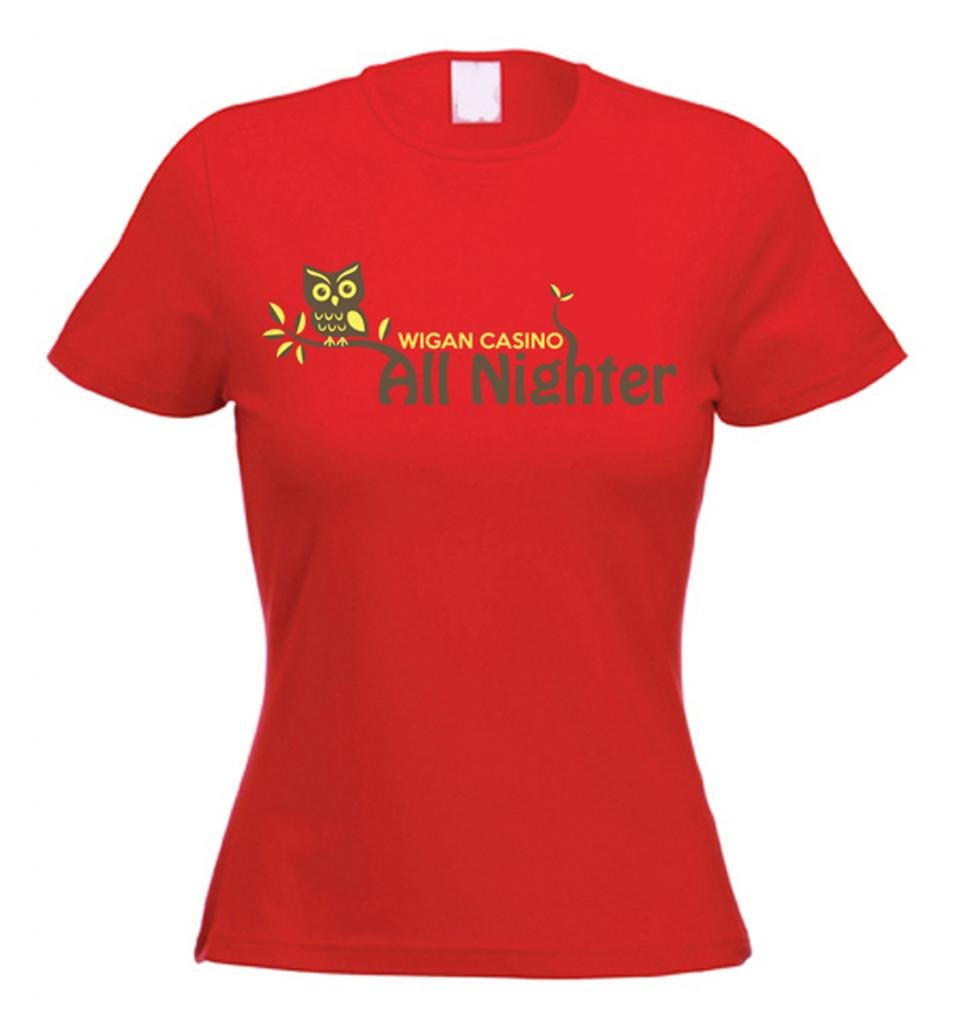 Tribal T-Shirts Womens Wigan Casino All Nighter Owl T-Shirt (Large, Red)