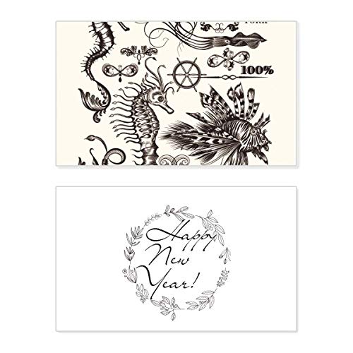 Tarjeta de Año Nuevo con ilustración de hipocampo negro y mensaje de bendición de vida marina