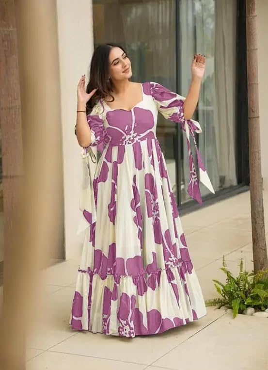 Image of Women Floral Printed Tiered Maxi Dress with Puff Sleeves, Empire Waist, Tie-Up Detail, Flared Long Dress for Casual Wear, Summer Outings, Vacation & Resort Wear - Causal Gown for Women