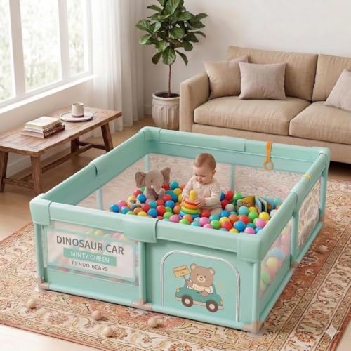 Safe-O-Kid Large Playpen 150×180 cm for Baby up to 5 Years with Safety Lock, Baby Playard with 50 Balls and 2 Anti-Fall Grasp Rings, Green Safe-O-Kid Large Playpen 150×180 cm for Baby up to 5 Years with Safety Lock, Baby Playard with 50 Balls and 2 Anti-Fall Grasp Rings, Green