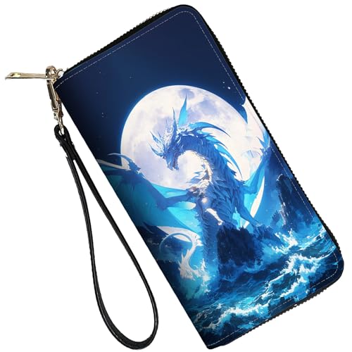 Image of RFID Blocking Leather Wallet for Women - Large Capacity Zip Around Clutch with 8 Card Slots,18 Cash Pockets & Coin Zipper,Blue Dragon