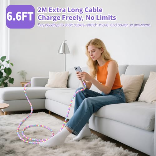 Image of VOFUOE USB C Cable for iPhone 17 Charging Cable Star Beads Charging Cord Extra Long 6.6FT Fast Charging USB A to Type C for Girls Women for iPhone 16 /15, for Galaxy S25, for iPad A16-Colorful