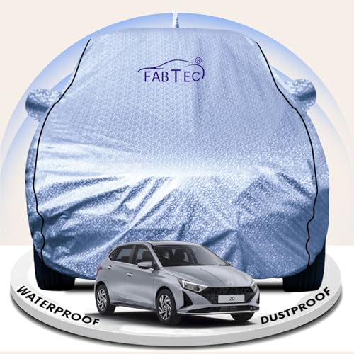 Image of FABTEC Metallic Silver Waterproof Car Body Cover for Hyundai i20 New Sun, UV and Dust Protection with Mirror and Antenna Pocket (Reflective Silver with Black Piping)