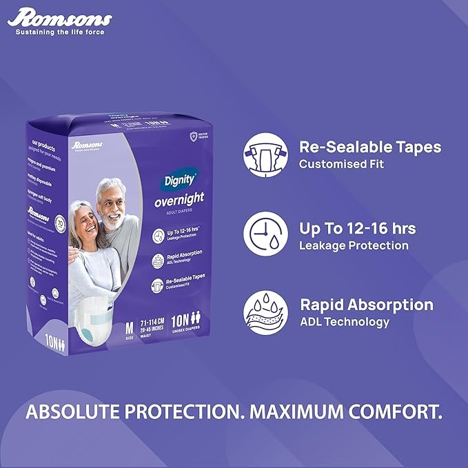 Image of DIGNITY Overnight Tape Style Adult Diapers - M (80 Pieces) With Wetness Indicator and Leakage Protection Upto 12-16 Hrs.