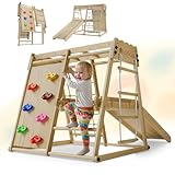 Juskys Mini struttura arrampicata per bambini - parco giochi per interni con scivolo, parete di arrampicata, rete di arrampicata e anelli ginnici - torre di arrampicata pieghevole in legno - naturale