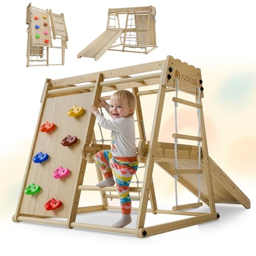 Juskys Mini struttura arrampicata per bambini - parco giochi per interni con scivolo, parete di arrampicata, rete di arrampicata e anelli ginnici - torre di arrampicata pieghevole in legno - naturale