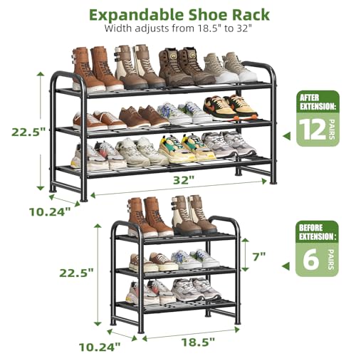 Image of Simple Trending 3-Tier Expandable Shoe Rack, Adjustable & Stackable Shoe Organizer, Heavy Duty Metal Free Standing Shoe Shelf Storage for Closet Entryway Doorway, Black