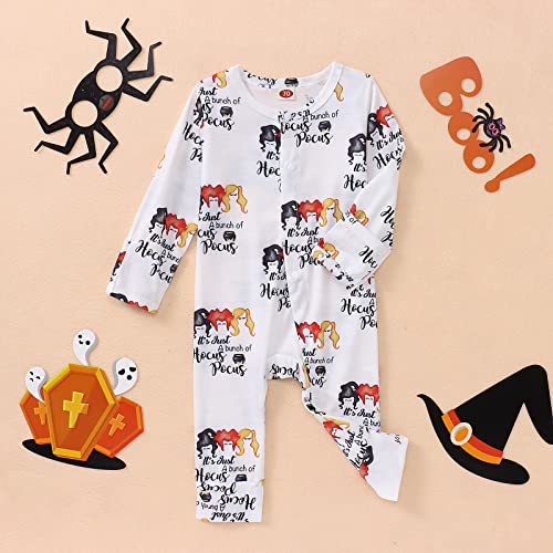 Newborn Baby Boys Girls Halloween Romper Hocus Pocus Long Sleeve Button Onesie Jumpsuit Fall Winter Clothes (White, 12-18Months) #TOP1
