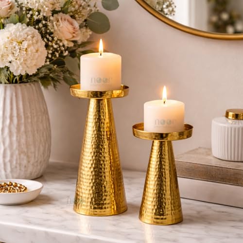 Image of ππππ πππππππππππππ Hammered Pillar Candle Holder Stand, Brass Gold Finish, Handcrafted by Artisans, Modern Home Decor for Living Room, Anniversary, Wedding, Diwali & Christmas Gift