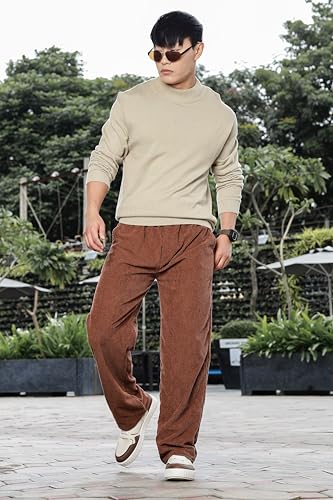 Image of SWADESI STUFF Men's Corduroy Trousers | Mid-Rise Relaxed Fit | Cotton Blend Joggers with Flexi Waistband