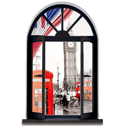 DNVEN Vintage London Telephone Booth England Big Ben Bus City Scenery 3D Full Colour High Definition Faux Window Frame Wall Decals Stickers Bedroom Living Room Playroom Decals 18 inches x 27 inches