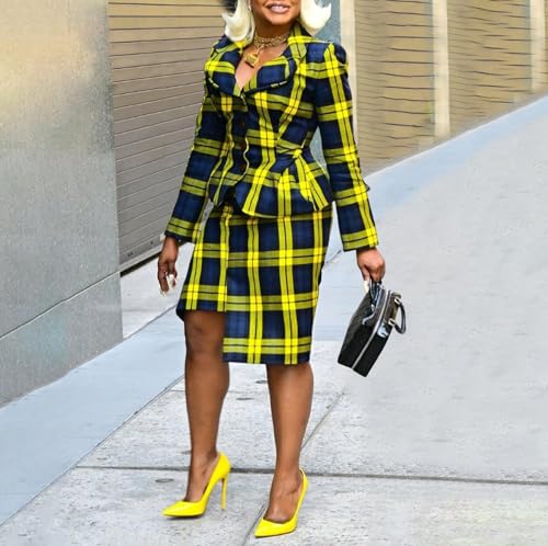Women's Plaid Suits 2 Piece Skirt Set Business Work Outfits Blazer Dress Jacket Pencil Skirts Suit Sets2