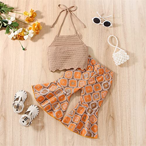 Mandizy Boho Baby Girl Clothes Summer Sleeveless Backless Halter Tops Bell Bottoms Pants Outfit Toddler 2Pcs Flares Set (Khaki Knit Tops & Boho Flares, 2-3 Years) #TOP6