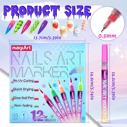Image of 12 Color Nail Art Pens, Neon Nail Markers Set 0.5 MM Fine Tip Nail Polish Pens Drawing Painting Point Liner Painted Pen Kit, Waterproof DIY Nails Art Design Manicure Tools