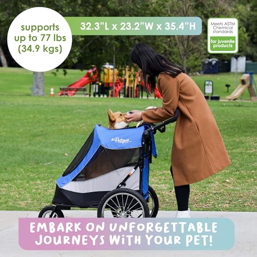 Image of Petique Trailblazer Pet Jogger /Stroller, Bike Trailer, Shock Absorbing Bike Wheels, Large Entry Way, Peek-a-Boo Window, Small /Medium /Large Dogs, Cats and Pets, Supports up to 77LBS - Atlas (Blue)