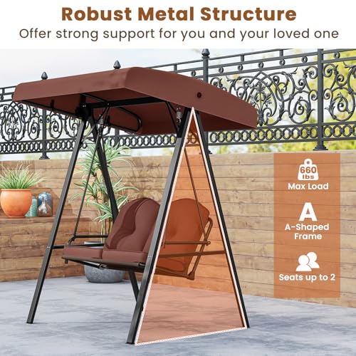 Image of Tangkula 2 Person Porch Swing, Patio Swing with Adjustable Canopy, Heavy-Duty Metal Frame & Soft Cushion, Outdoor Swing for Backyard, Garden (Brown)