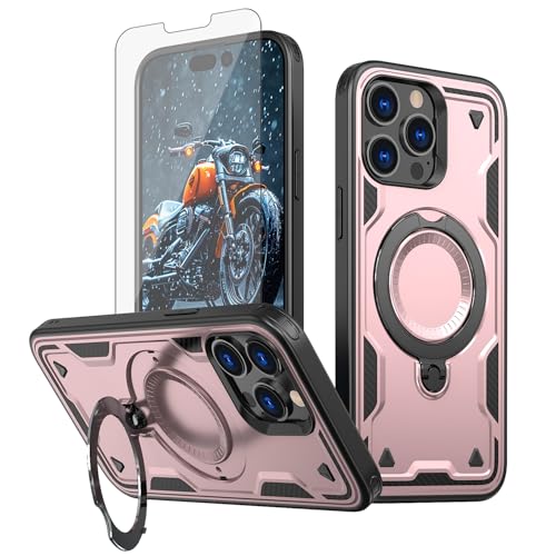 Asuwish Phone Case for iPhone 14 Pro 6.1 inch Cover with Tempered Glass Screen Protector and Magnetic Ring Holder Kickstand Protective iPhone14Pro 5G i i-Phone i14 iPhone14 4 14Pro Women Men Rose Gold