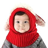 Scarf Woolen Earflap Hood Warm Skull Knit Caps，Crochet Earflap Pilot Hats Beanie Cap for Toddlers Baby Girls and Boys (Hat4-Red)