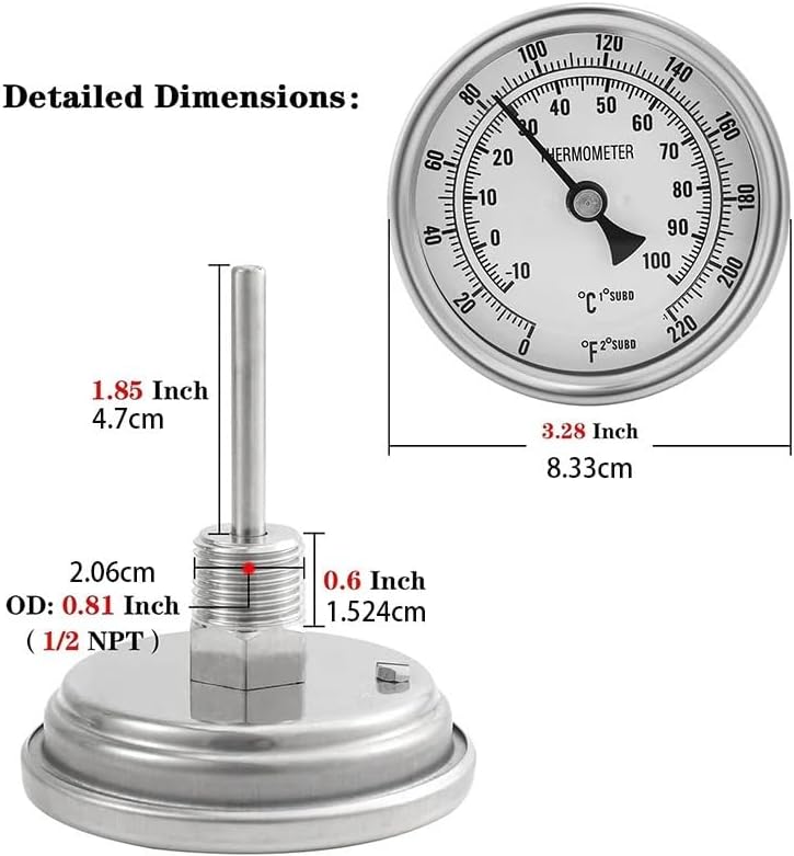 Stainless Steel Kettle Thermometer, 3 Inch Dial Thermometer with 2 Inch Probe, 1/2 NPT Thread Thermometer for Home Brewing, Beer Making, Wine Making