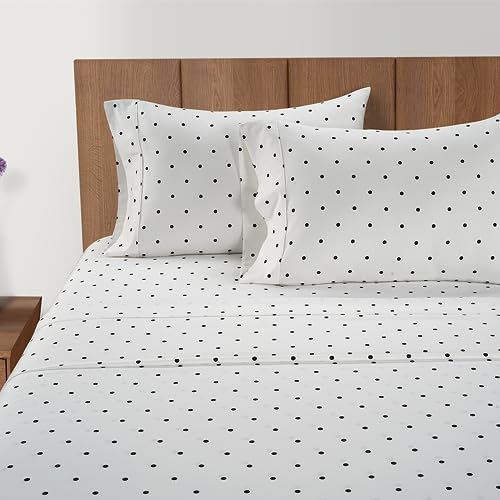 Image of Lane Linen Split King Sheets Set for Adjustable Beds - 5 PCs, 450 Thread Count Split King Sheets Set - Sateen King Split Sheets for Adjustable Bed - Split Top King Sheet Set for Beds - Polka Dot Black