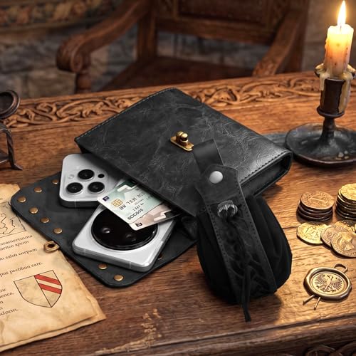Image of Renaissance Belt Pouch Medieval Viking Leather Bracers Set for LARP