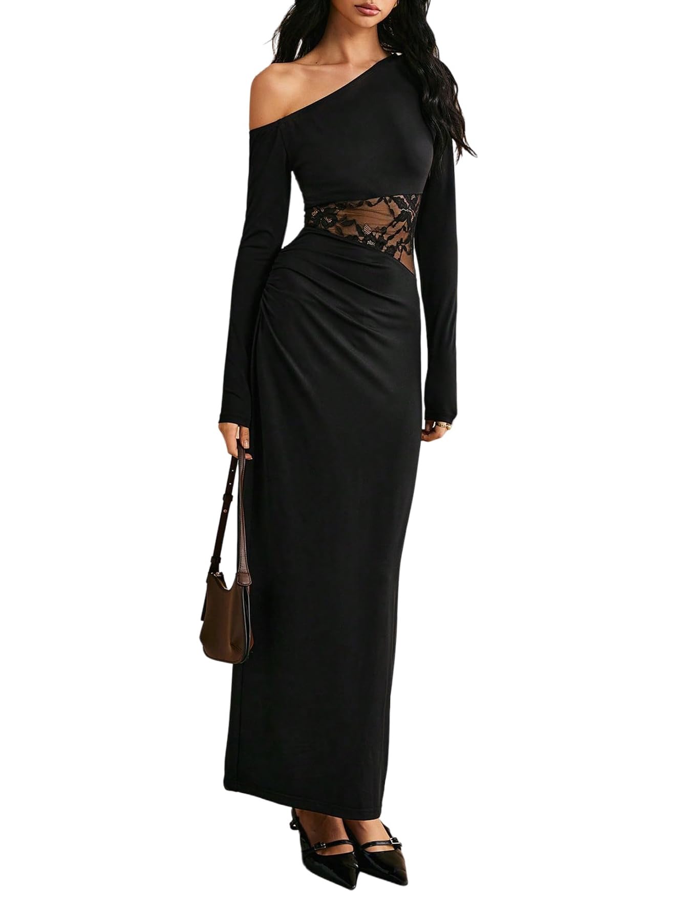 SweatyRocks Maxikleid Damen Elegant Langarm Off Shoulder Kleid Hochzeitsgast Spitzenkleid Bodycon Kleid Mit Schlitz Partykleid Winterkleid