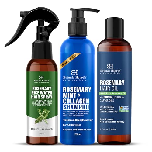 Image of Botanic Hearth Hair Care Trio |Rosemary oil for hair, Mint Shampoo & Rice Water hair Spray | Hair Growth, Hair Fall Control, Dandruff Care, Scalp Nourishment & Strengthening | Sulfate & Paraben-Free