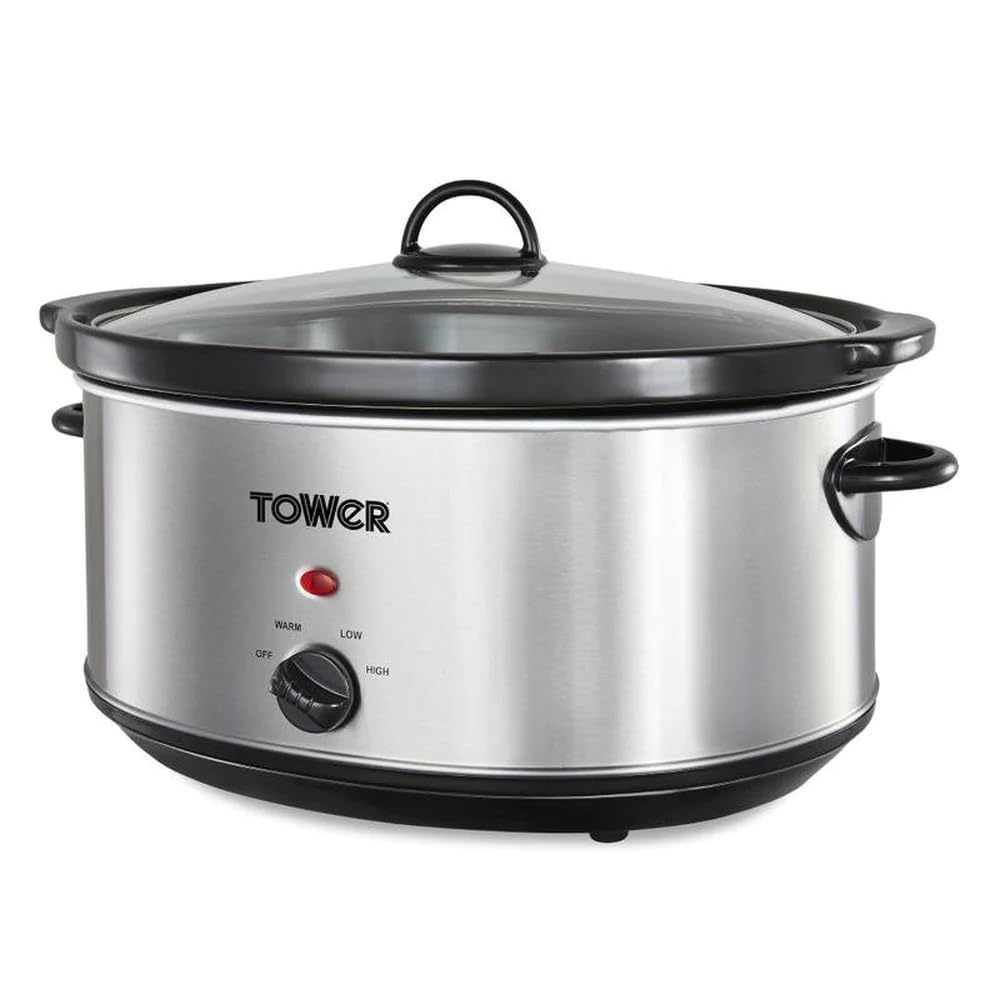 Tower T16040 Slow Cooker with 3 Heat Settings and Removable Dishwasher Safe Pot, 6.5 Litre, Stainless Steel