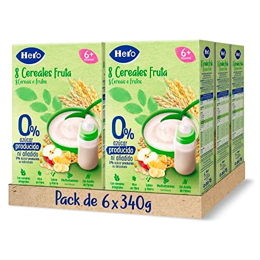 Hero Baby Papilla de 8 Cereales con Fruta - Para Bebés a Partir de los 6 Meses - Pack de 6 x 340 g