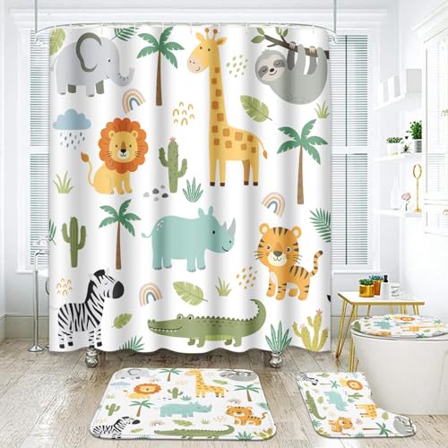 ArtSocket Cute Hippo Crocodile Bathroom Set with Shower Curtain and Rugs Accessories Lion Elephant Giraffe Shower Curtain Set Childish Colorful...