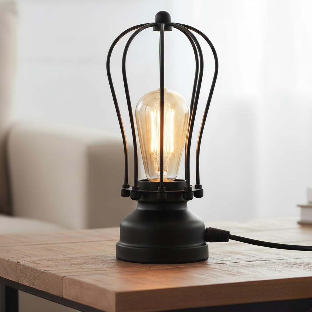DC VOLTAGE Industrial Table Lamp Vintage Black Metal Cage Bedside Lamp E27 Desk Light with LED Bulb Included for Bedroom Living Room Office Bar Café Loft Lighting