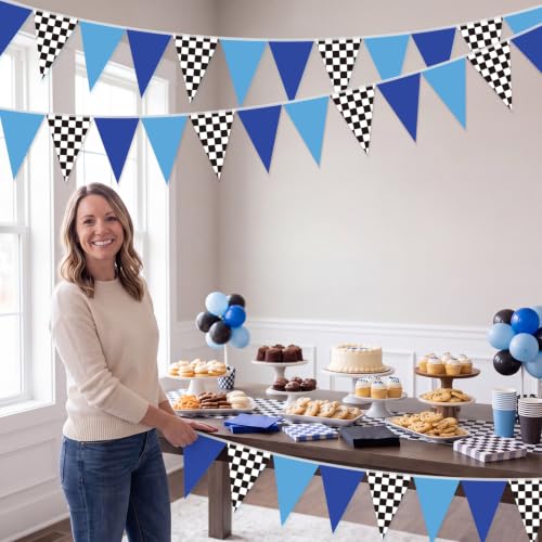 Image of Tiamon 5 Pcs 6 7 Birthday Decorations Pennant Banner 49.2 ft | I Was 6 Now I'm 7 Pennant Six Seven Meme Bunting Blue Black Checkered Triangle Flag for Baby Shower 7th Birthday Party Decor