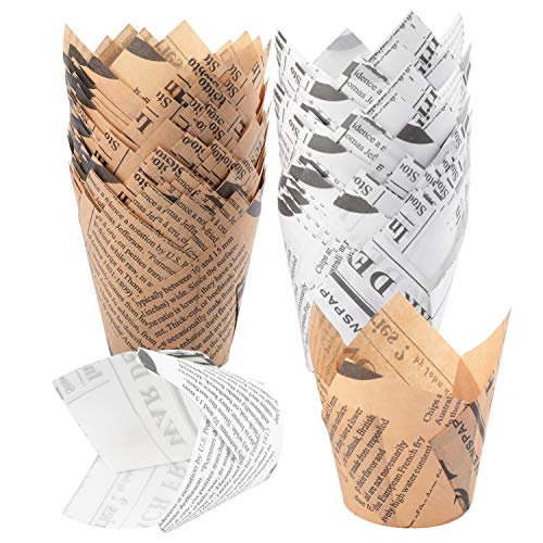 TRUSBER Baking Cups 150 pieces Tulip Cupcake Liners Baking Cup Holders and Muffin Baking Cups for Wedding Birthday Christmas Baby Shower Parties Gold News Print and White News Print