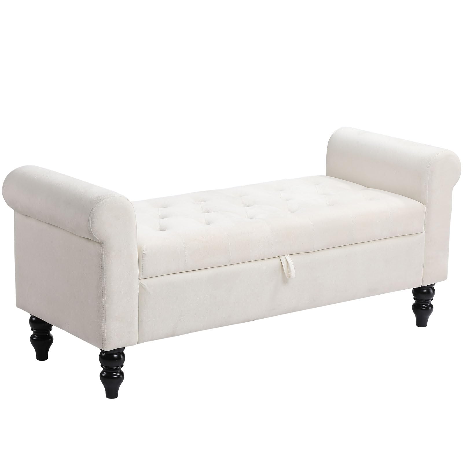 Storage Bench Ottoman, 50" Velvet Upholstered End of Bed Bench with Rolled Arms, Button Tufted Storage Ottoman Bench for Bedroom, Living Room, Entryway (White)
