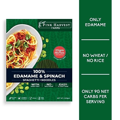 Image of Pink Harvest Farms Edamame & Spinach Spaghetti Noodles | No Rice - No Maida | Vegan | Gluten Free | High Protein | Keto | 3 x 200gm Pack