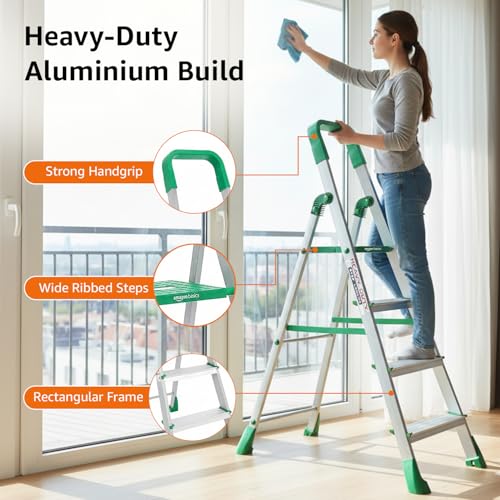 Image of Amazon Basics Clamber Pro - Foldable Step Ladder, Firm Grip, 4 Steps (Aluminium Steps, Green & Satin)