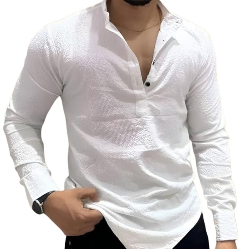 combraided Men's Casual Full-Sleeve Cotton Blend Kurta Shirt - Solid Pattern, Regular Fit, Long Length (XL, White)-picture-13
