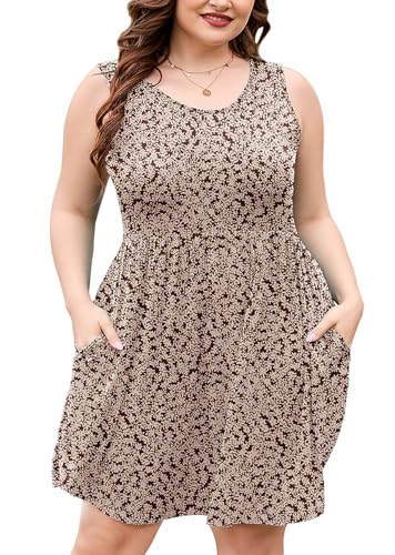 Image of AusLook Plus Size Summer Tank Dress for Women Casual Sleeveless Crewneck Pleated Babydoll Swing Sundresses with Pockets 1X-5X