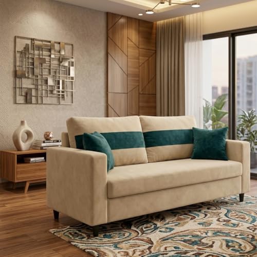 Image of FURNY Luxury Conva 2 Seater Sofa Set for Living Room |Soft Suede Fabric Upholstered | Modern Cushioned Comfortable Couch for Home Office & Drawing Room | Cream