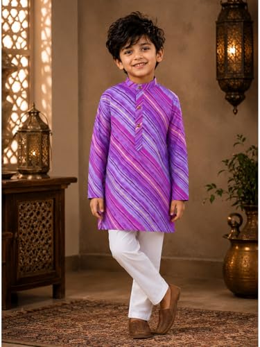 Image of superminis Cotton Boys Sanganeri Lehariya Printed Kurta Set with White Pyjama Elastic Closure