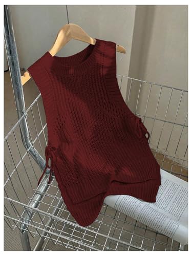 Image of MakeMeChic Women's Sleeveless Round Neck Drawstring Side Split Hem Knited Casual Sweater Vest