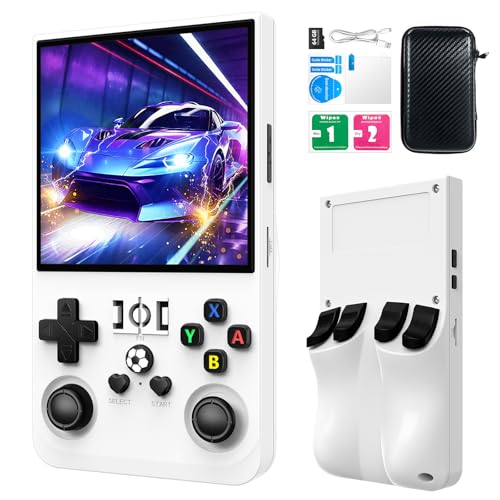 R36MAX Retro Handheld Games Console, Retro Game Console with 4.0 inch IPS HD Screen, Video Game Consoles with 64GB Memory, Portable Gaming Player for Travel, Gift for Teen or Partner, White