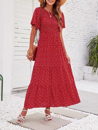 Image of ZESICA Women's 2026 Summer Boho Floral Maxi Dresses Casual Short Flutter Sleeve Smocked Tiered Flowy Dress