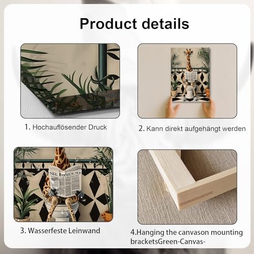 Galmcook Badezimmer Wandbild Leinwandbild mit Rahmen Lustige Giraffe auf Toilette – Humorvolles Kunstdruck Dekobild für Bad, Gäste WC oder Toilette Wanddeko mit Haken und spurlosen Nägeln 30x40 cm